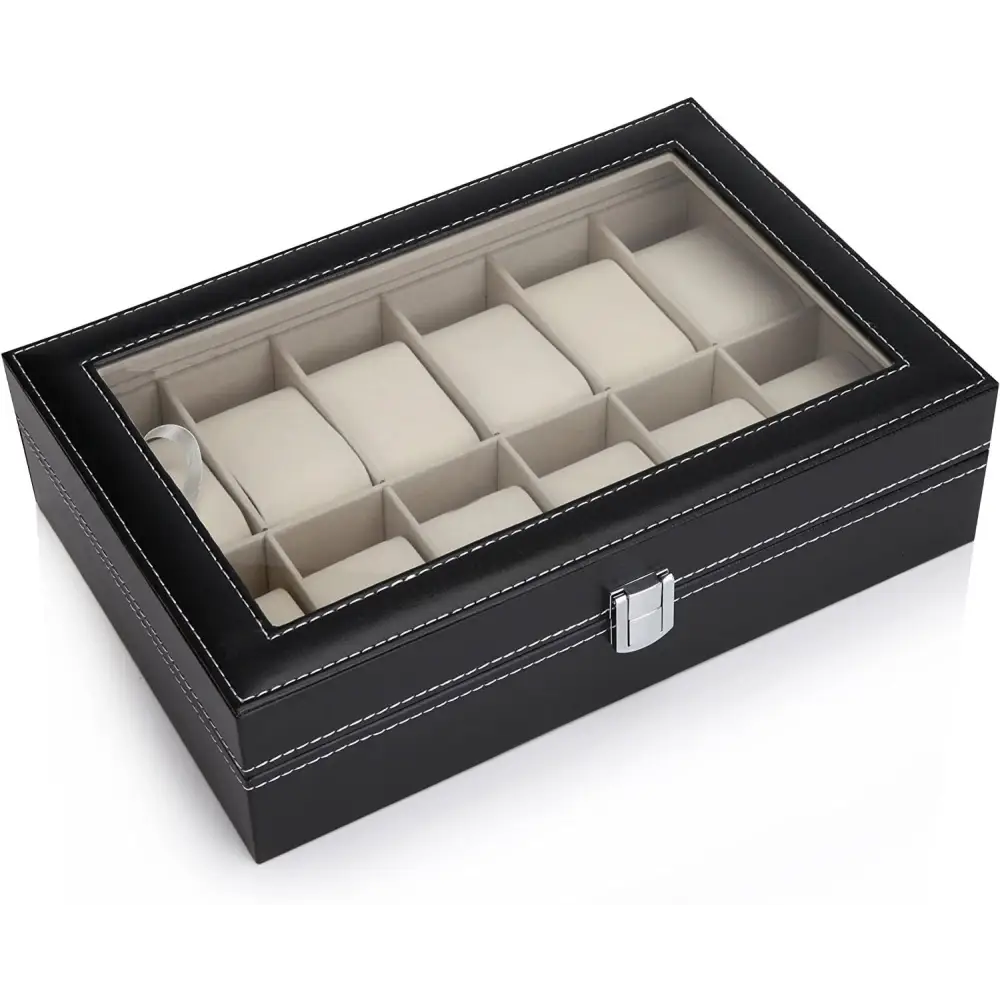 Black PU Leather Watch Organizer Display Storage Box Cases for Men & Women (12 slots) - Home & Garden > Storage