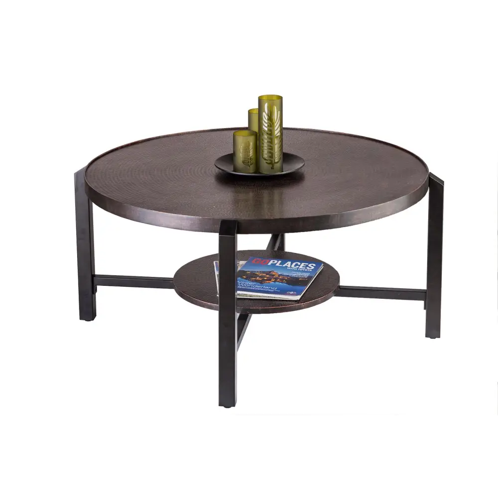 Black Round Coffee Table with Storage Shelf in Copper Finish Top - Furniture > Living Room