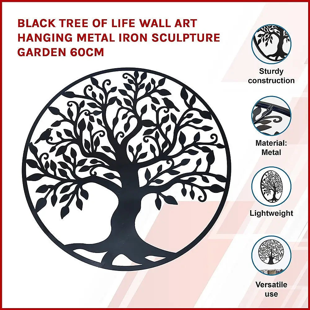 Black Tree of Life Wall Art Hanging Metal Iron Sculpture Garden 60cm - Home & Garden > Wall Art