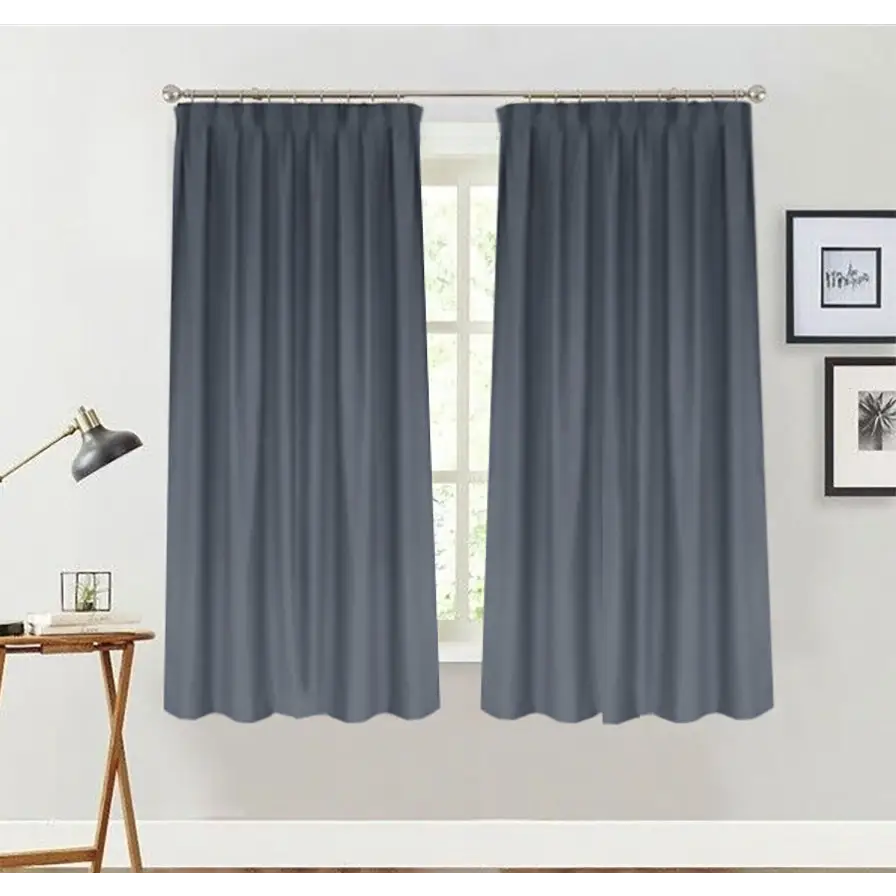 Blockout Curtain 130x160cm PINCH PLEAT + Hooks High Level Fabric Grey Blue - Home & Garden > Curtains > Curtains &