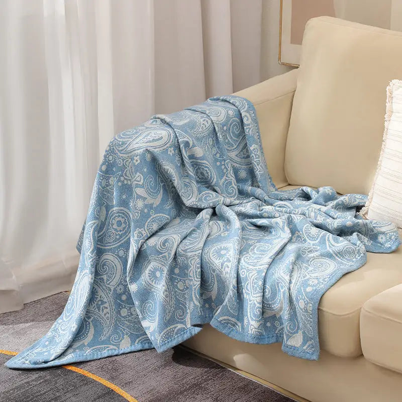 Blue Luxurious Paisley Jacquard Throw Blanket - Soft Wool Blend with Tassels 120x150cm Lightweight Sofa & Nap Blanket