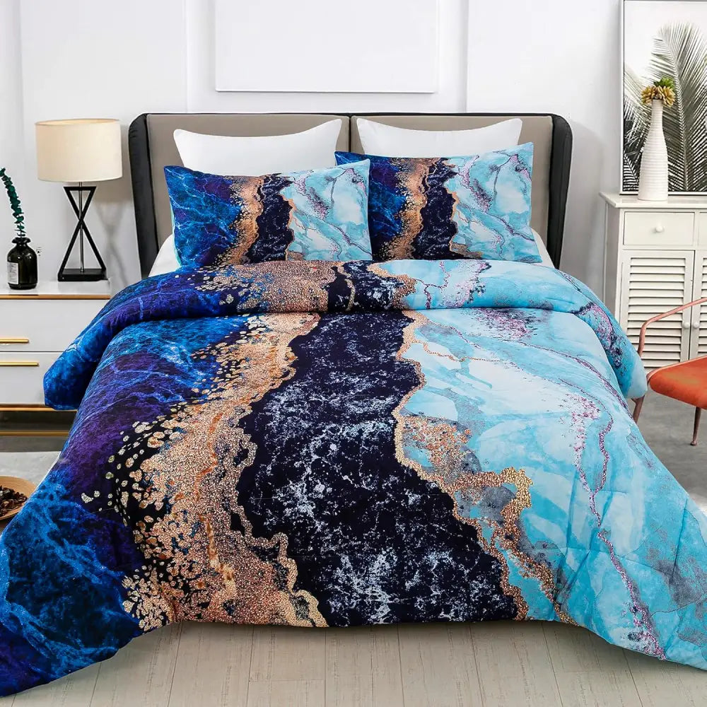 Blue Marble Comforter Set King Size Retro Watercolor 3-Piece Bedding Collection - Home & Garden > Bedding > Quilts &