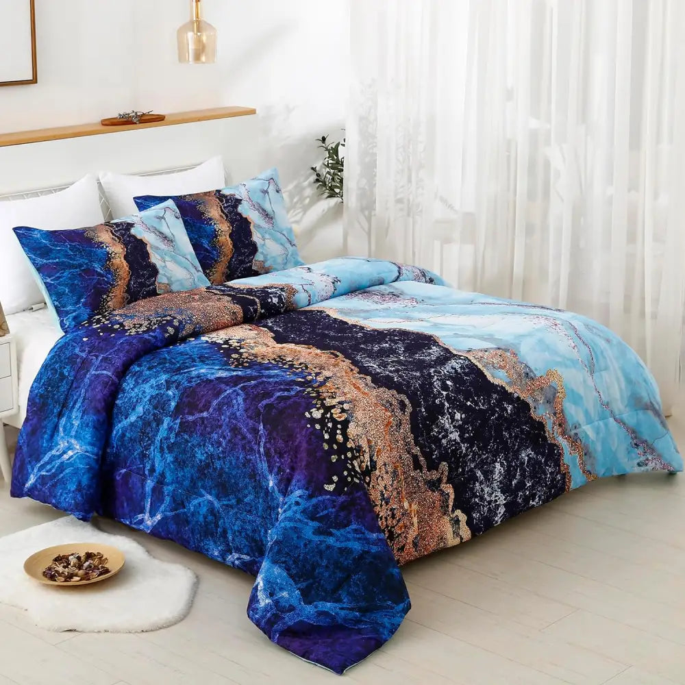 Blue Marble Comforter Set King Size Retro Watercolor 3-Piece Bedding Collection - Home & Garden > Bedding > Quilts &