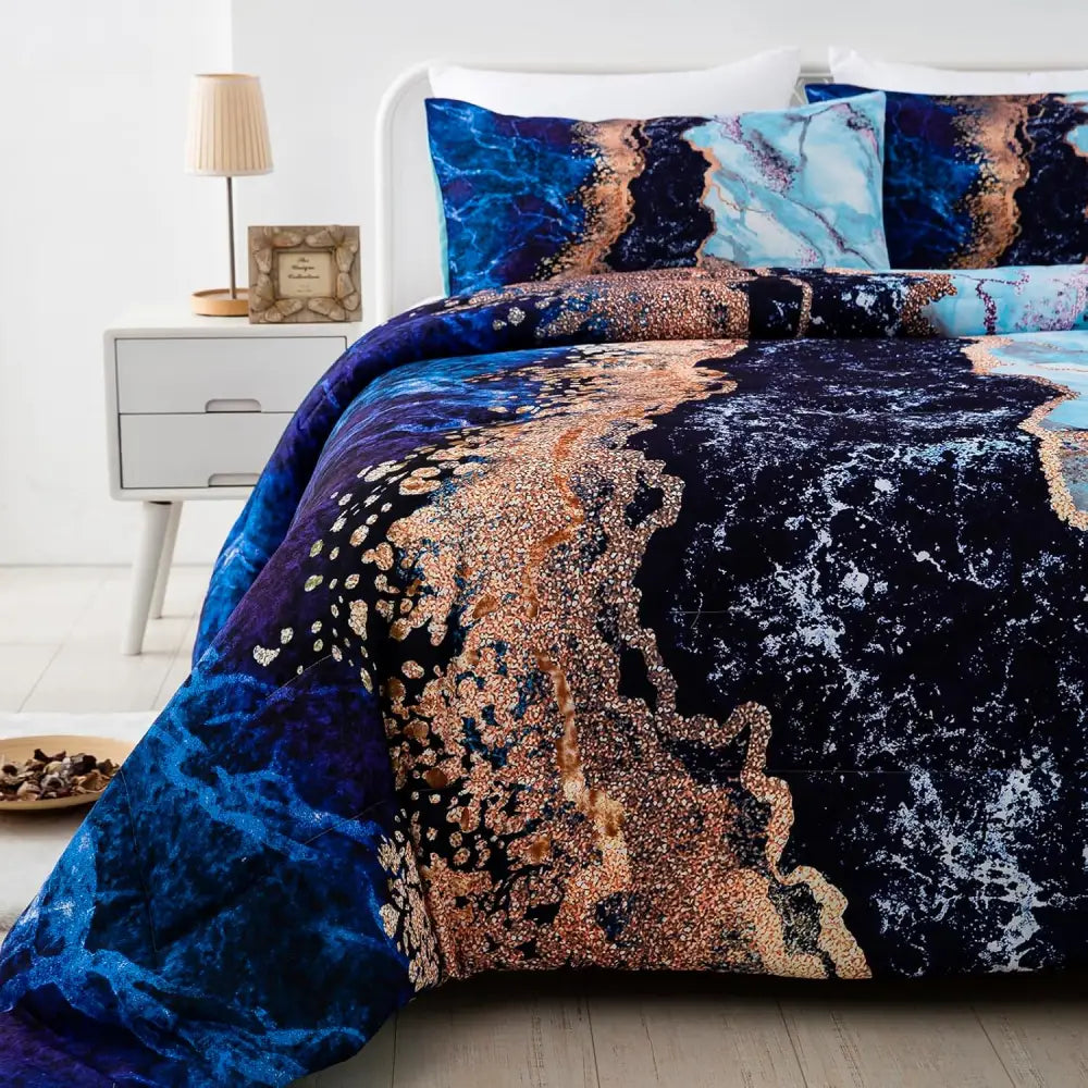 Blue Marble Comforter Set King Size Retro Watercolor 3-Piece Bedding Collection - Home & Garden > Bedding > Quilts &