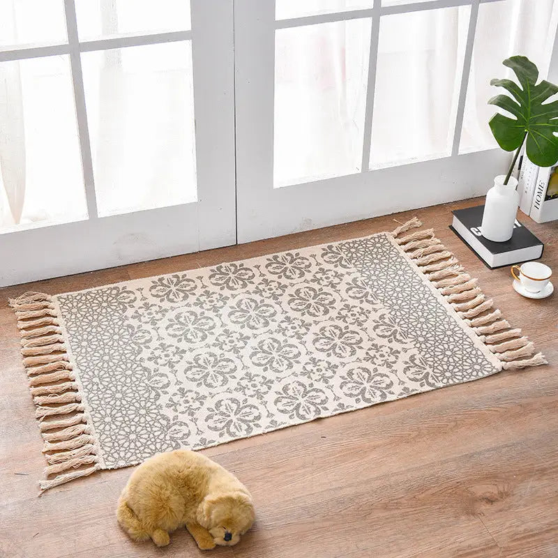 Bohemian Cotton Area Rug with Tassels - Geometric Pattern Decorative Floor Mat 60*90cm - Home & Garden > Rugs > Floor
