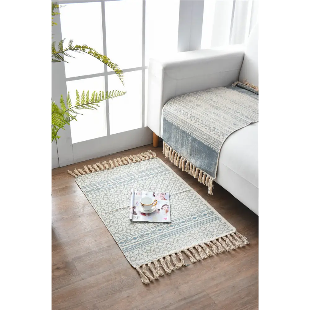 Bohemian Cotton Area Rug with Tassels - Geometric Pattern Decorative Floor Mat 60*90cm - Home & Garden > Rugs > Floor