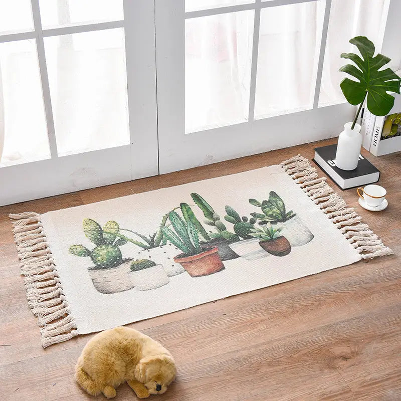 Bohemian Cotton Area Rug with Tassels - Geometric Pattern Decorative Floor Mat 60*90cm - Home & Garden > Rugs > Floor