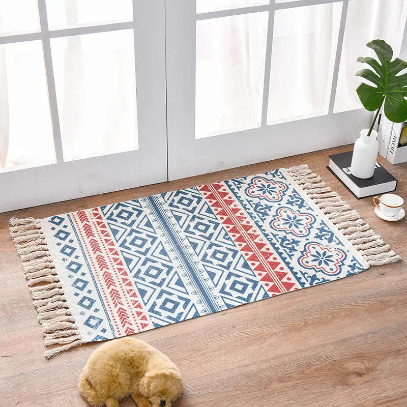 Bohemian Cotton Area Rug with Tassels - Geometric Pattern Decorative Floor Mat 60*90cm - Home & Garden > Rugs > Floor