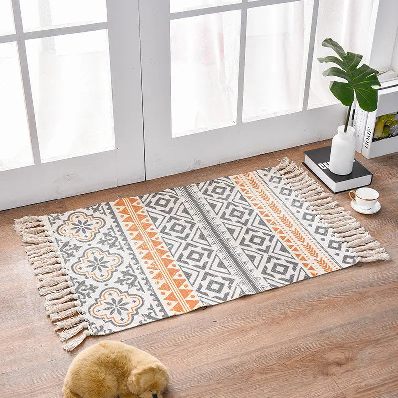 Bohemian Cotton Area Rug with Tassels - Geometric Pattern Decorative Floor Mat 60*90cm - Home & Garden > Rugs > Floor