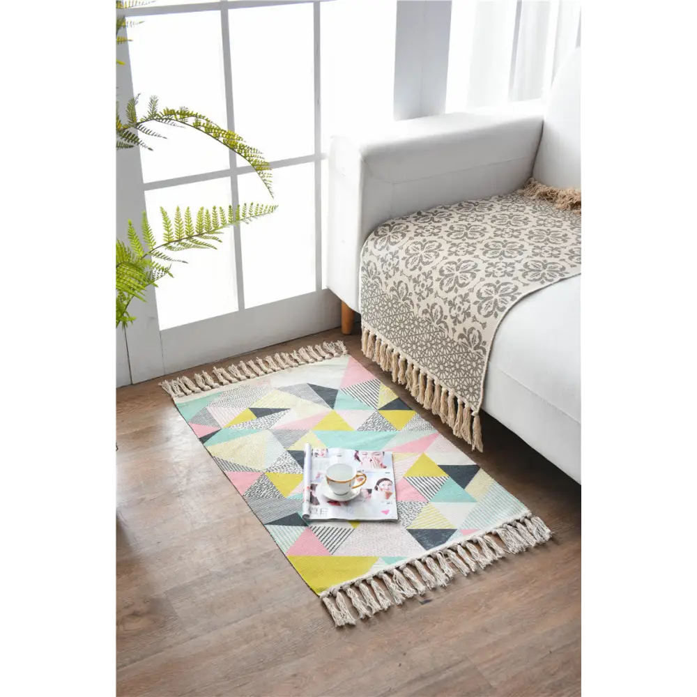 Bohemian Cotton Area Rug with Tassels - Geometric Pattern Decorative Floor Mat 60*90cm - Home & Garden > Rugs > Floor