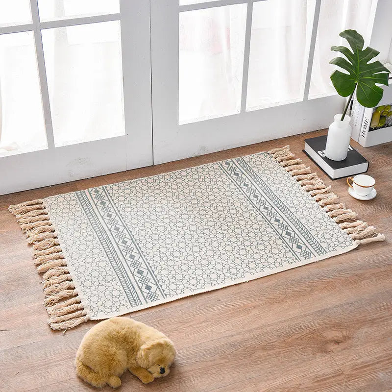 Bohemian Cotton Area Rug with Tassels - Geometric Pattern Decorative Floor Mat 60*90cm - Home & Garden > Rugs > Floor
