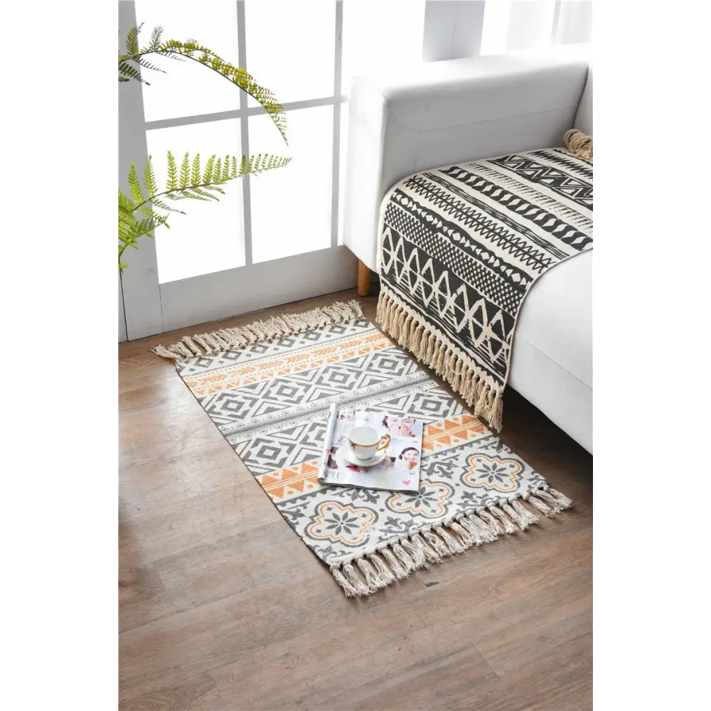 Bohemian Cotton Area Rug with Tassels - Geometric Pattern Decorative Floor Mat 60*90cm - Home & Garden > Rugs > Floor