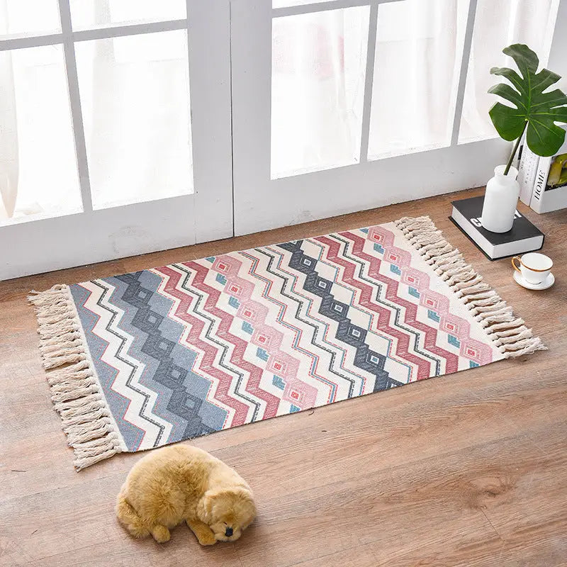 Bohemian Cotton Area Rug with Tassels - Geometric Pattern Decorative Floor Mat 60*90cm - Home & Garden > Rugs > Floor