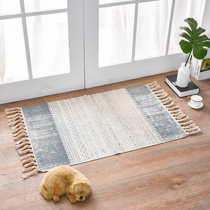 Bohemian Cotton Area Rug with Tassels - Geometric Pattern Decorative Floor Mat 60*90cm - Home & Garden > Rugs > Floor