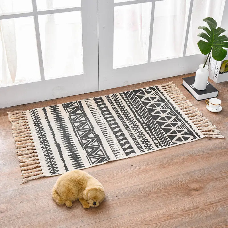 Bohemian Cotton Area Rug with Tassels - Geometric Pattern Decorative Floor Mat 60*90cm - Home & Garden > Rugs > Floor