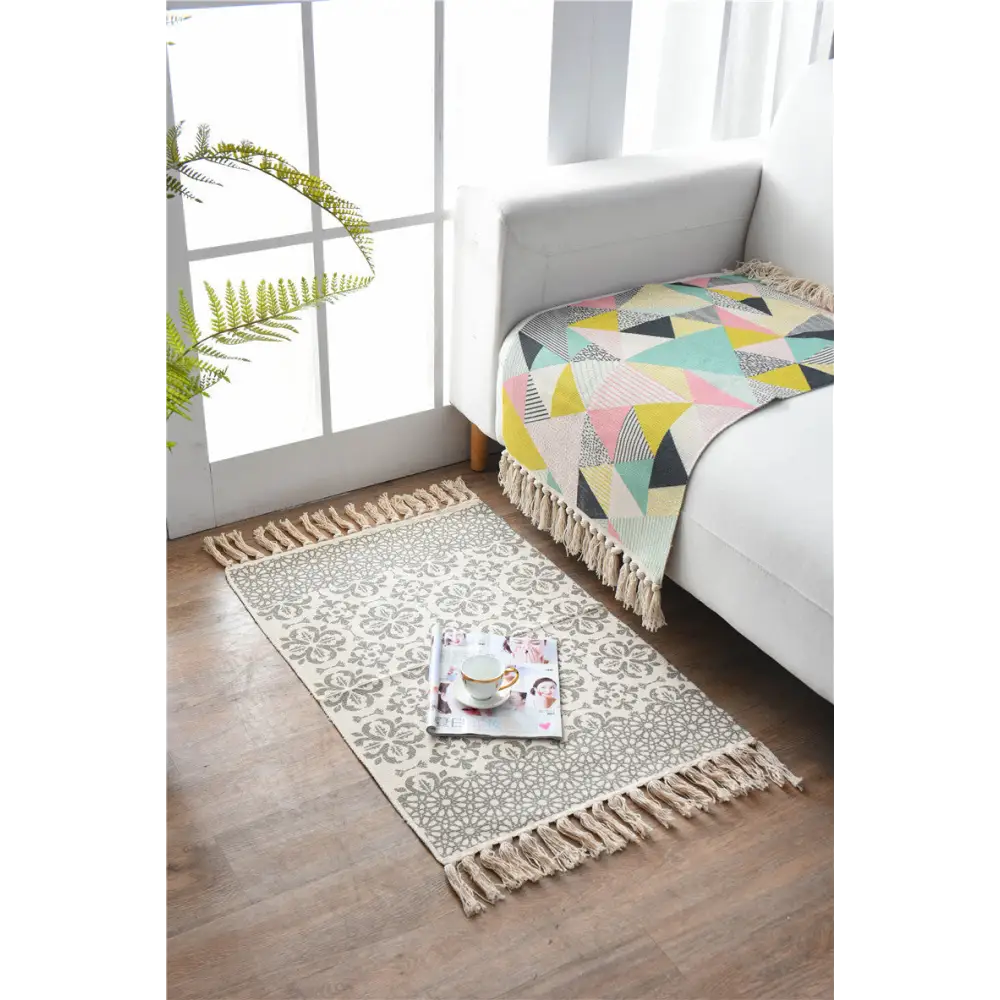 Bohemian Cotton Area Rug with Tassels - Geometric Pattern Decorative Floor Mat 60*90cm - Home & Garden > Rugs > Floor