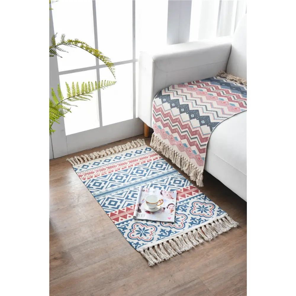 Bohemian Cotton Area Rug with Tassels - Geometric Pattern Decorative Floor Mat 60*90cm - Home & Garden > Rugs > Floor