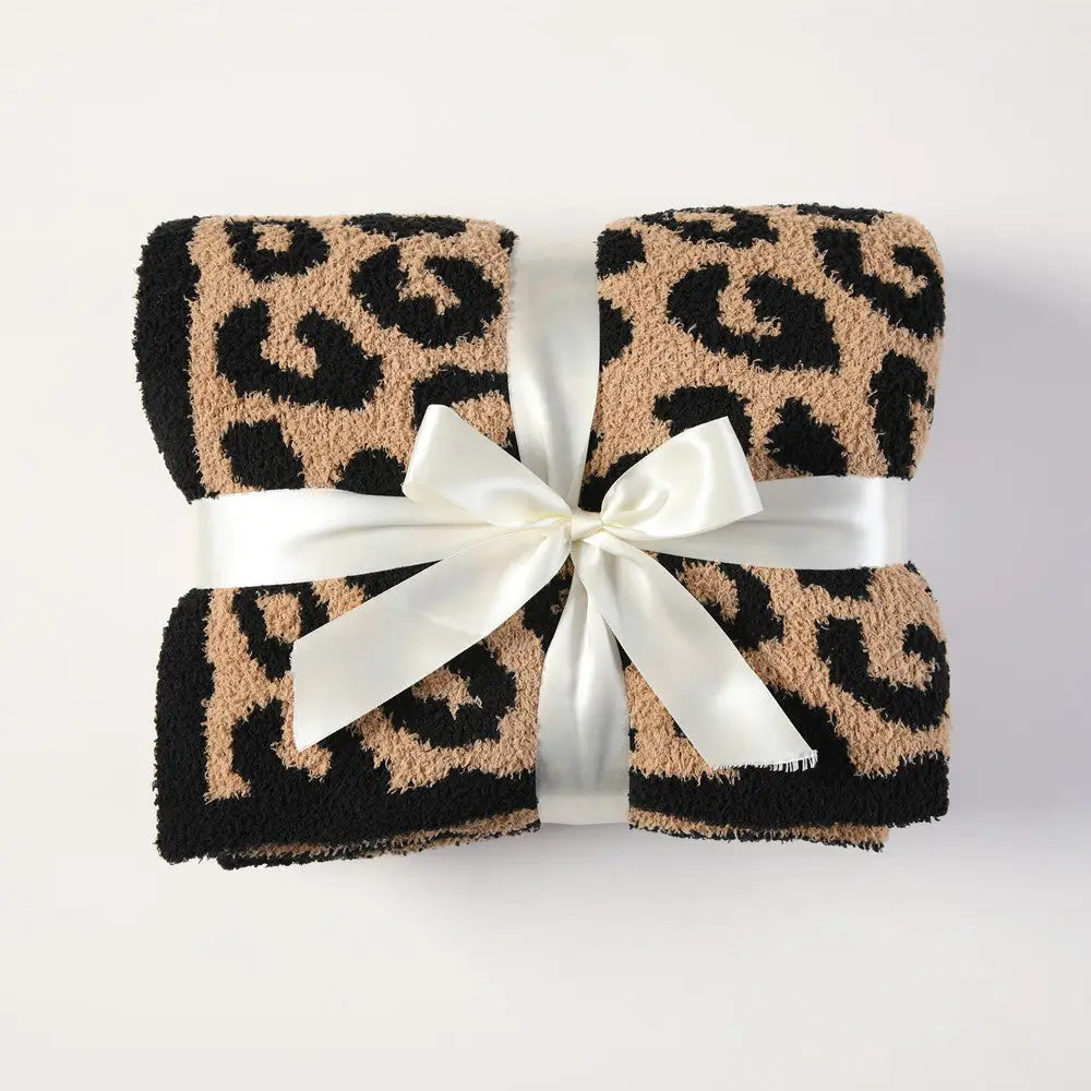 Brown and Black Luxurious Leopard Print Knit Throw Blanket - Ultra-Soft Jacquard Plush for Sofa Bed & Cozy Comfort