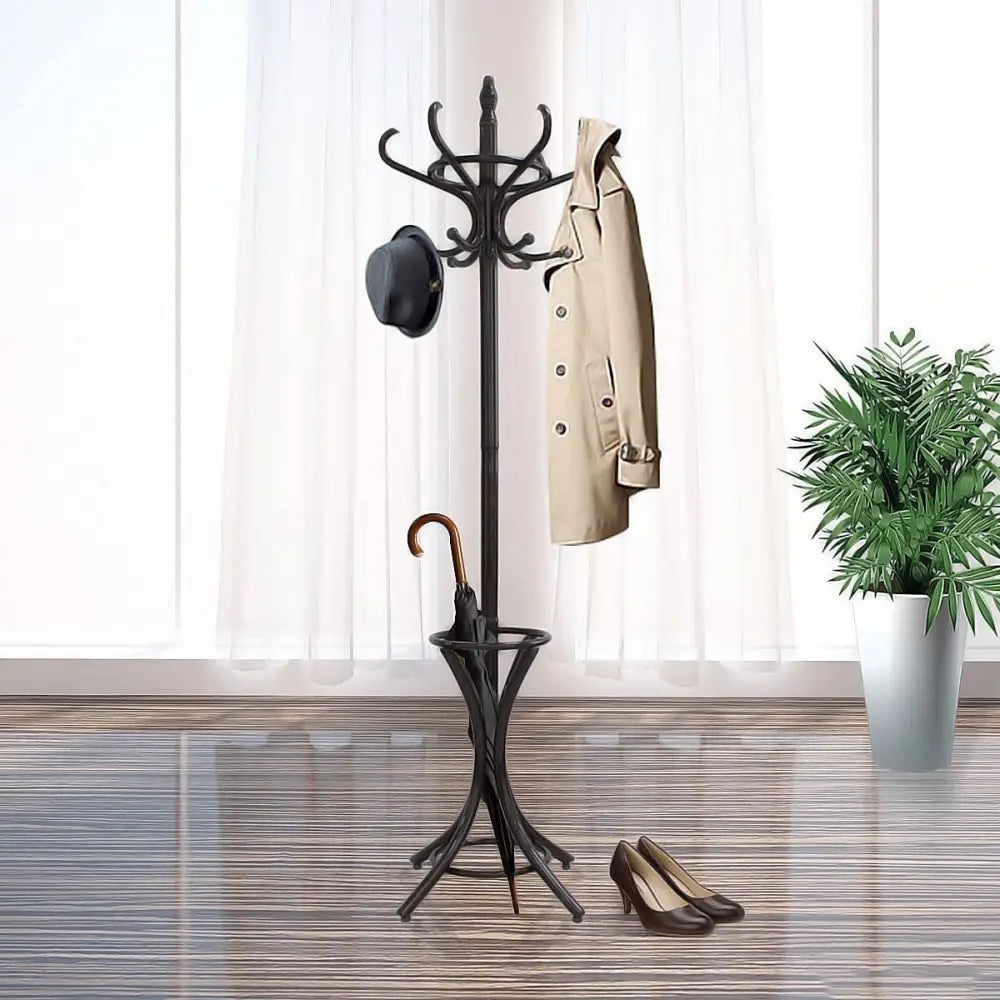 Brown Coat Rack with Stand Wooden Hat and 12 Hooks Hanger Walnut tree - Furniture > Living Room