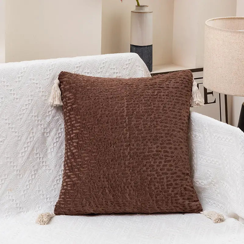 Brown Set of 2 Textured Velvet Throw Pillow Covers with Tassels - Decorative Square Cushions 45*45cm - Home & Garden >