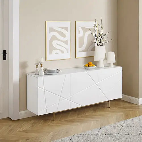 Buffet Sideboard Colour Ceramic Top MDF in Glossy White Gold Colour - Furniture > Dining > Buffets & Sideboards