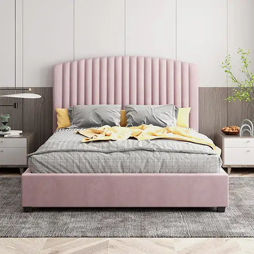 Camelia Queen Size Bed Frame Pink Velvet Upholstery High Headboard Quality Slats Metal Structure - Furniture > Bedroom
