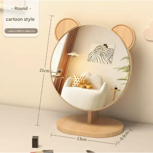 Cartoon Bear Ear Glasses Tabletop Makeup Mirror - Large Wooden Swivel Vanity Mirror for Desk - Home & Garden > Decor >