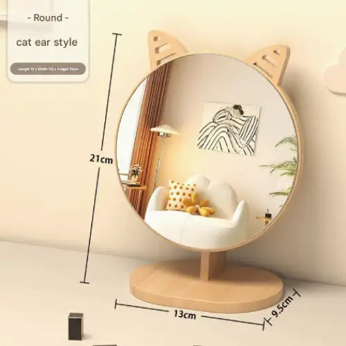 Cartoon Cat Ear Mirror Tabletop Makeup Mirror - Large Wooden Swivel Vanity Mirror for Desk - Home & Garden > Decor >