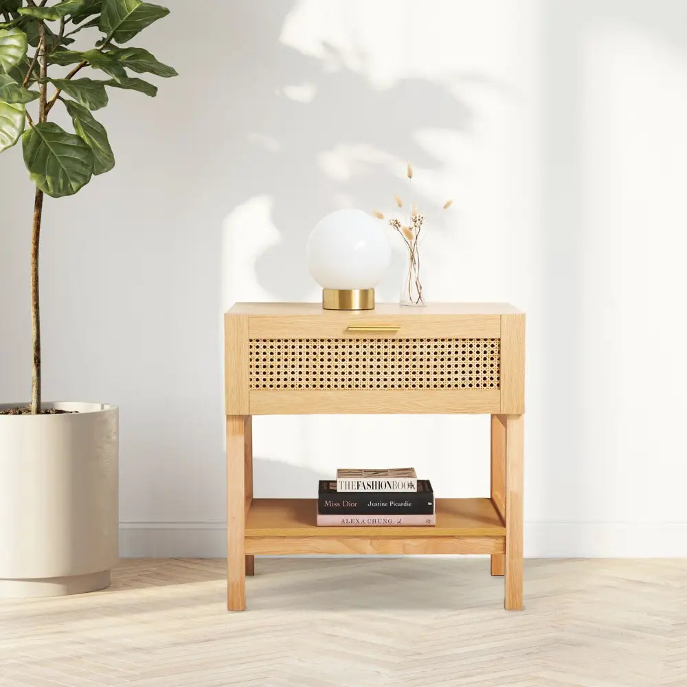 Casa Decor Santiago Rattan Bedside Table Drawers Table Nightstand Cabinet Oak - Furniture > Bedroom > Dressers