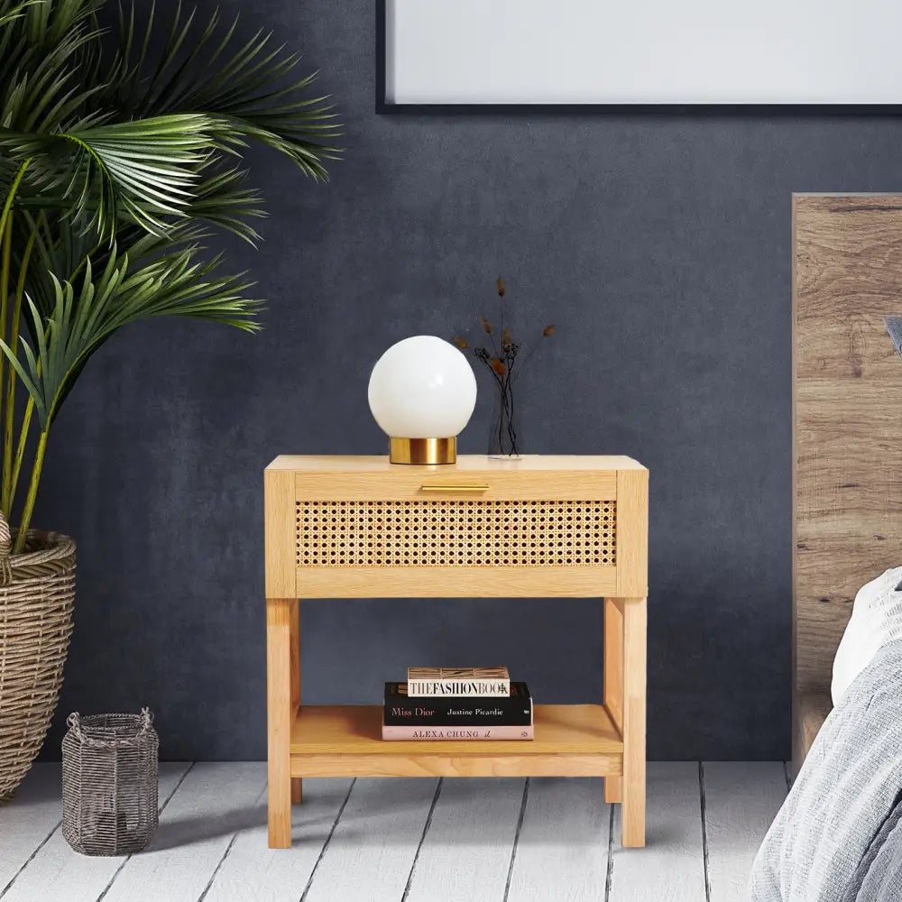 Casa Decor Santiago Rattan Bedside Table Drawers Table Nightstand Cabinet Oak - Furniture > Bedroom > Dressers