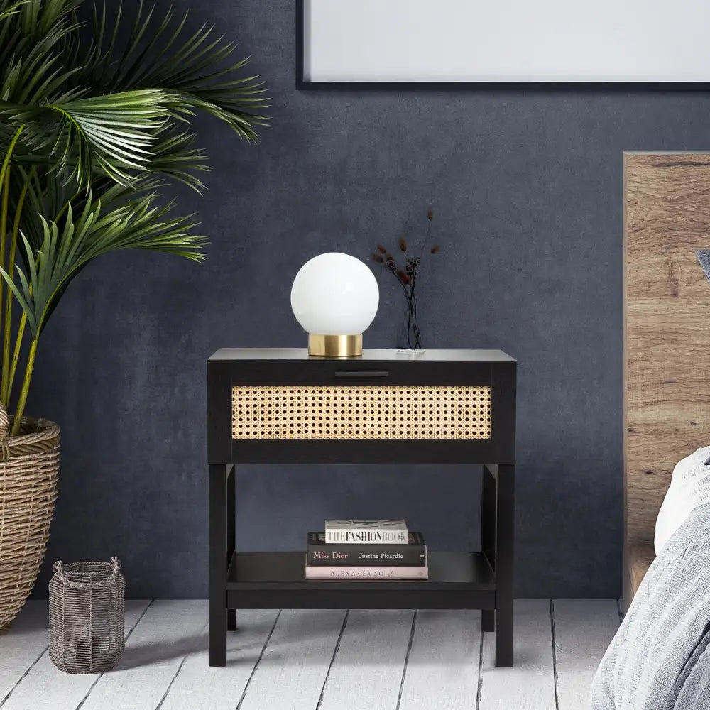 Casa Decor Tulum Rattan Bedside Table Drawers Table Nightstand Cabinet Black - Furniture > Bedroom > Bedside Tables