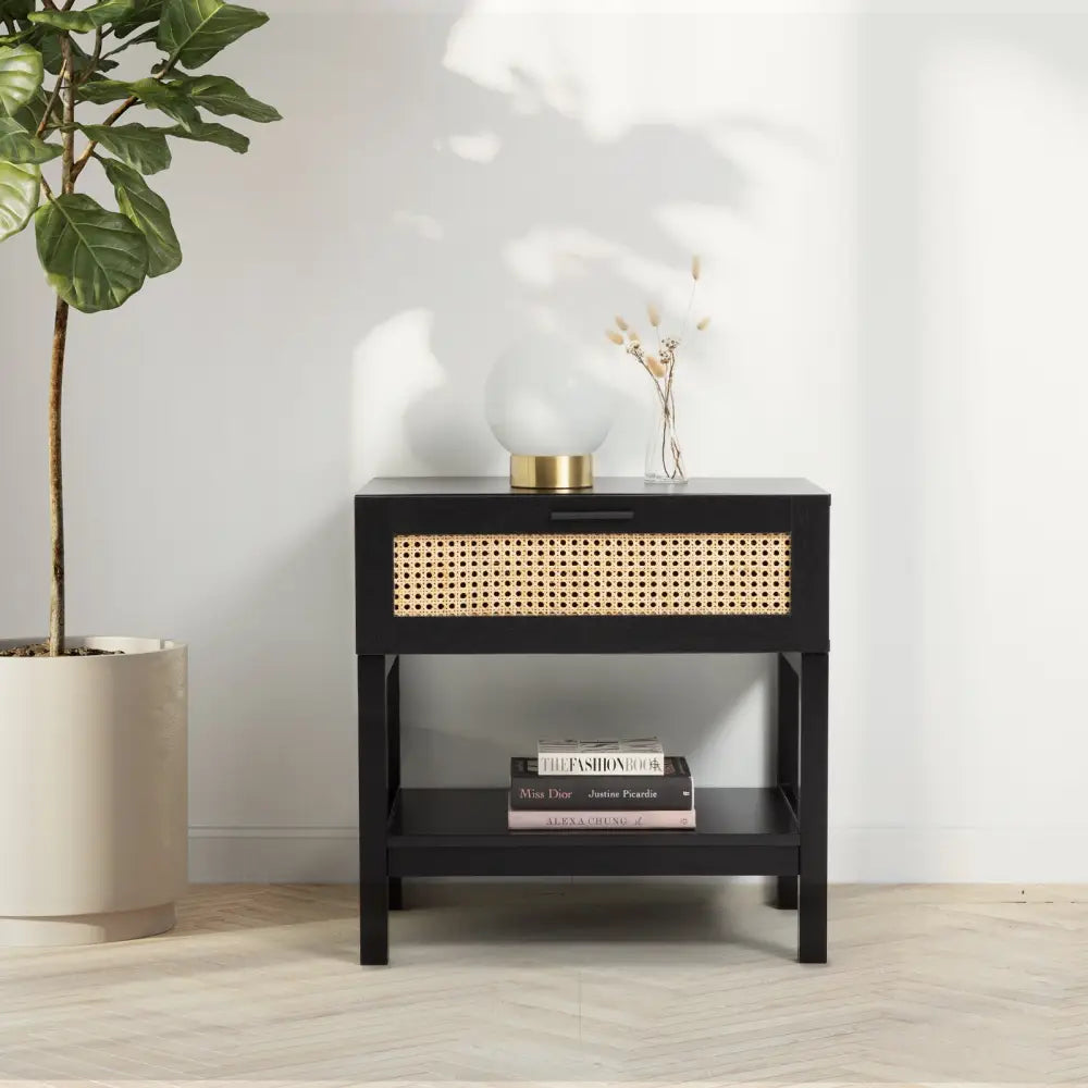 Casa Decor Tulum Rattan Bedside Table Drawers Table Nightstand Cabinet Black - Furniture > Bedroom > Bedside Tables
