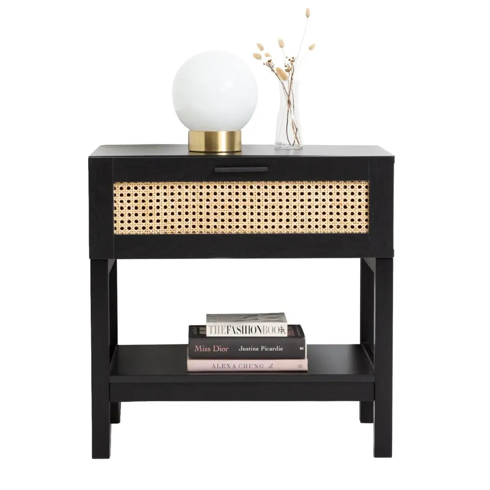 Casa Decor Tulum Rattan Bedside Table Drawers Table Nightstand Cabinet Black - Furniture > Bedroom > Bedside Tables