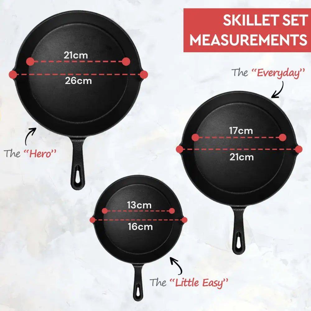 Cast Iron Skillet Cookware 3-Piece Set Chef Quality Pre-Seasoned Pan 10’’ 8’’ 6’’ Pans - Home & Garden > Kitchenware