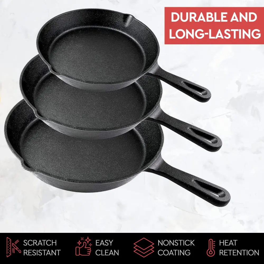 Cast Iron Skillet Cookware 3-Piece Set Chef Quality Pre-Seasoned Pan 10’’ 8’’ 6’’ Pans - Home & Garden > Kitchenware