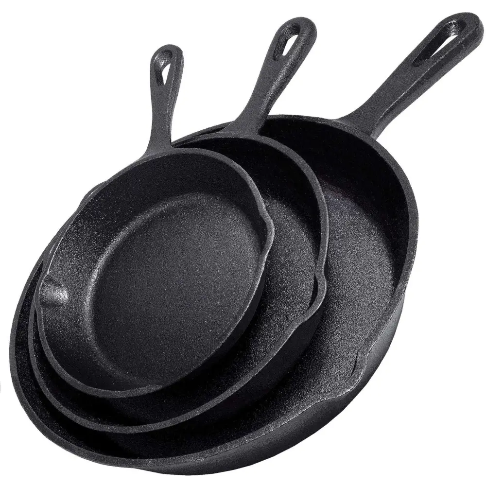 Cast Iron Skillet Cookware 3-Piece Set Chef Quality Pre-Seasoned Pan 10’’ 8’’ 6’’ Pans - Home & Garden > Kitchenware
