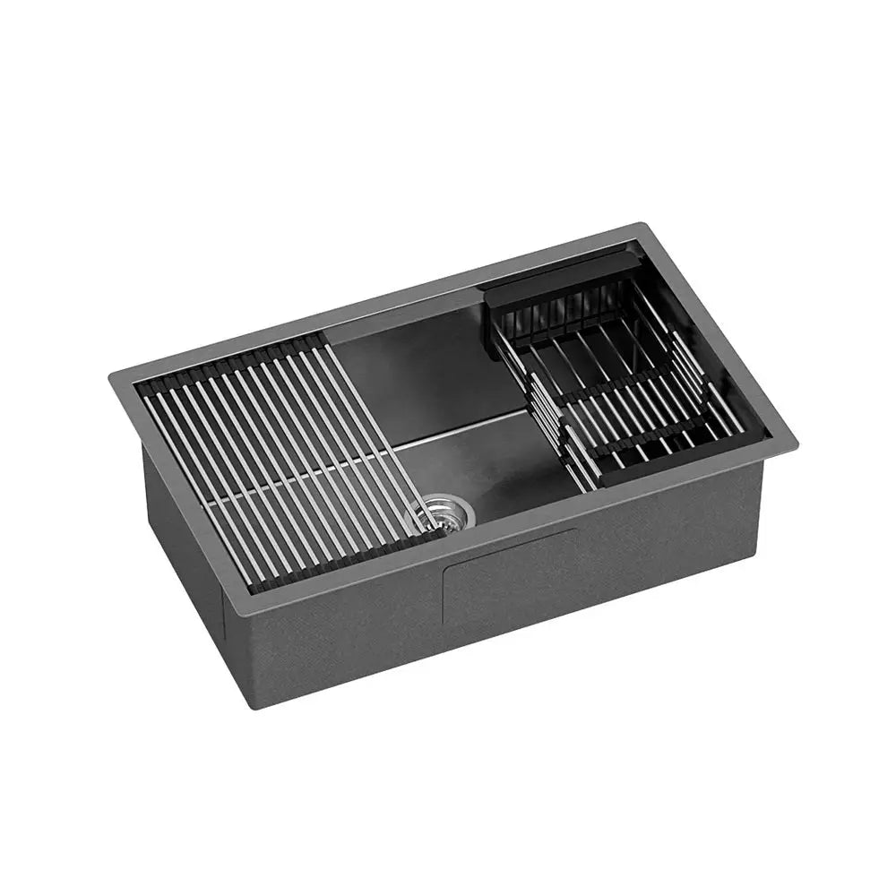 Cefito Kitchen Sink 70X45CM Stainless Steel Single Bowl Drain Rack Basket Black - Home & Garden > Kitchenware