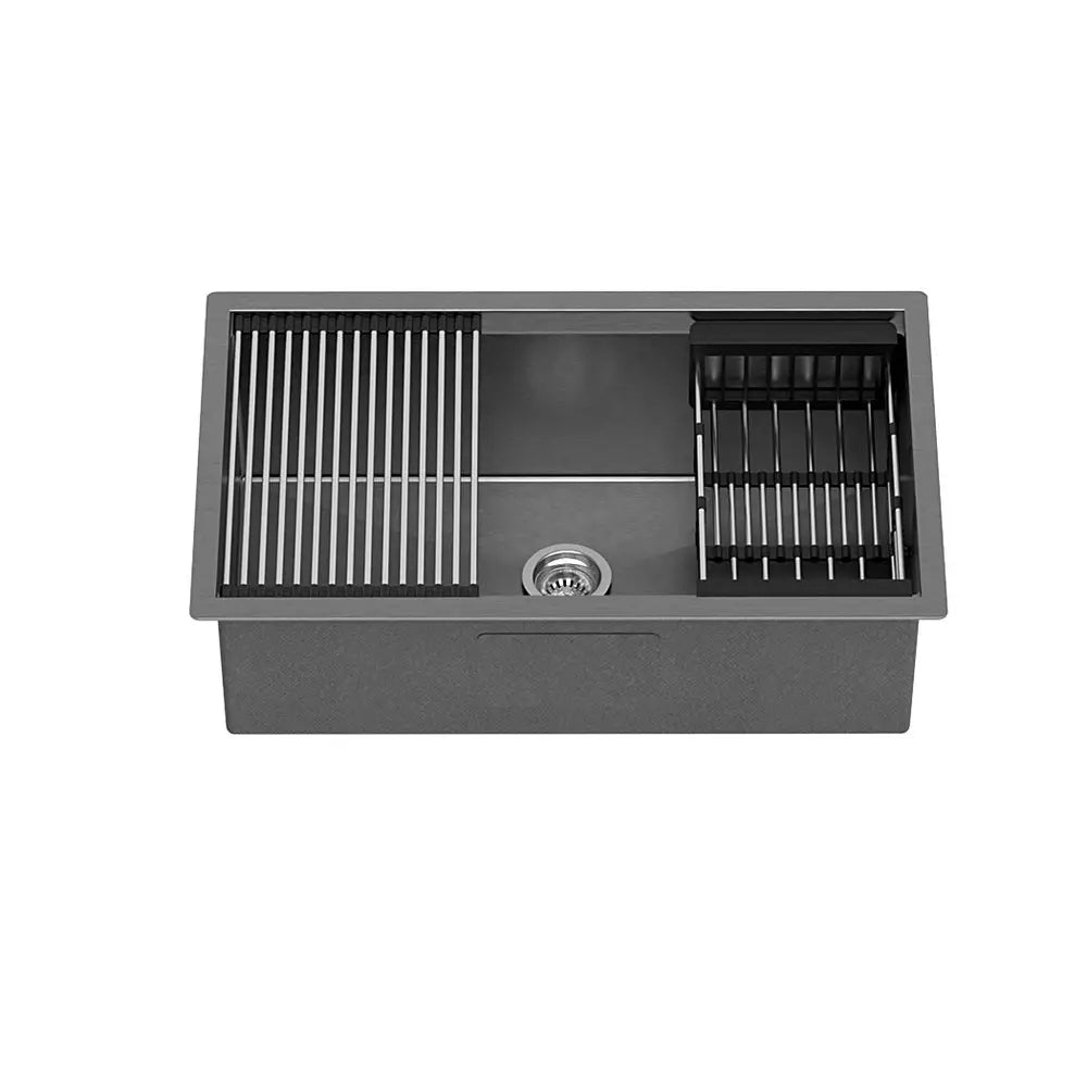 Cefito Kitchen Sink 70X45CM Stainless Steel Single Bowl Drain Rack Basket Black - Home & Garden > Kitchenware
