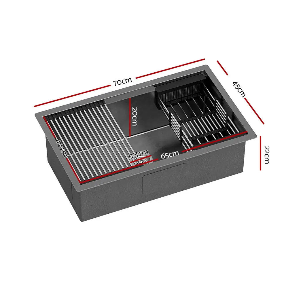 Cefito Kitchen Sink 70X45CM Stainless Steel Single Bowl Drain Rack Basket Black - Home & Garden > Kitchenware