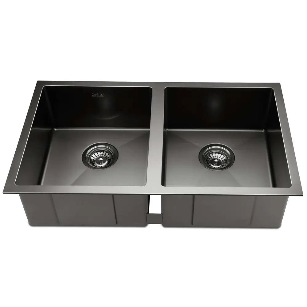 Cefito Kitchen Sink 77X45CM Stainless Steel Basin Double Bowl Black - Furniture > Bathroom > Sinks
