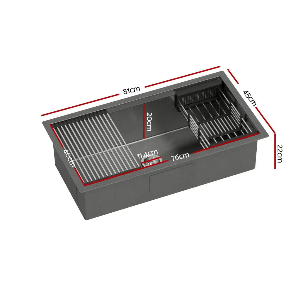 Cefito Kitchen Sink 81X45CM Stainless Steel Single Bowl Drain Rack Basket Black - Home & Garden > Kitchenware