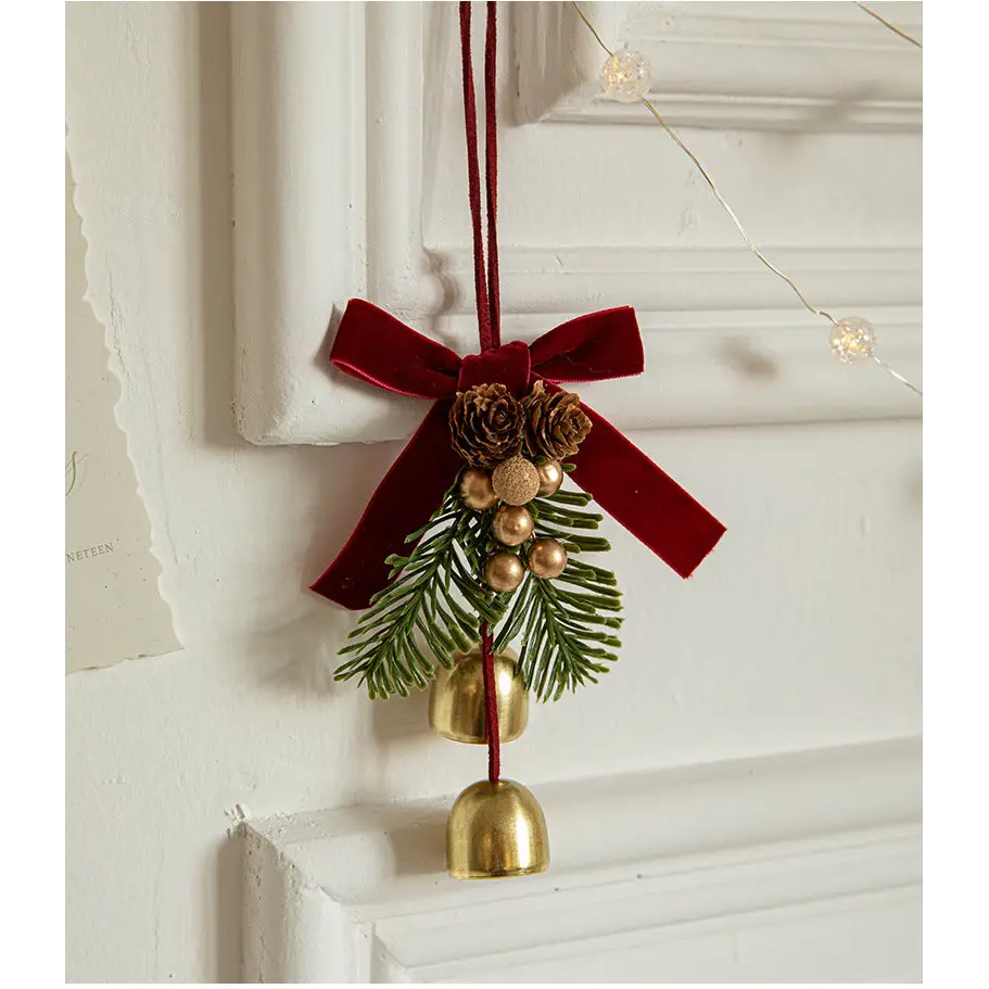 Christmas Hanging Ornament with Pinecones Bells and Velvet Bow - 14x10cm Festive Decoration(3 PCS) - Occasions >
