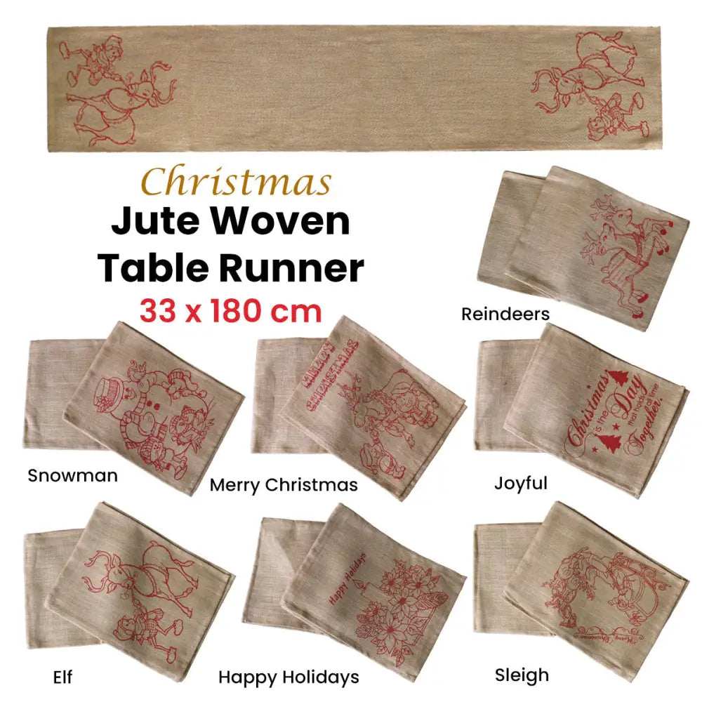 Christmas Jute Woven Taupe Table Runner 33 x 180cm Merry Christmas - Home & Garden > Kitchenware