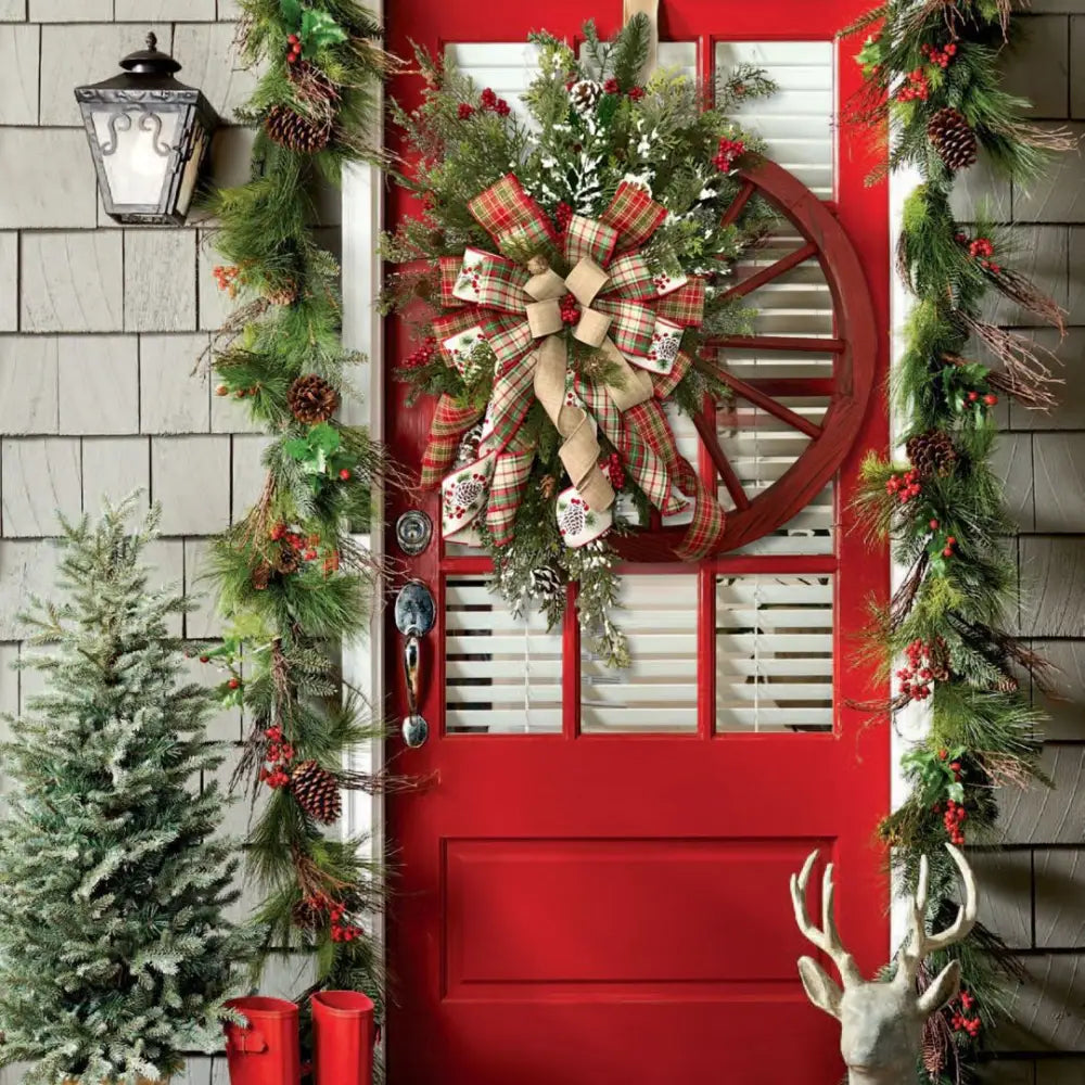 Christmas Red Wooden Wheel Wreath Front Door Hanging Garland Wall Decor(40*40cm) - Occasions > Christmas > Christmas