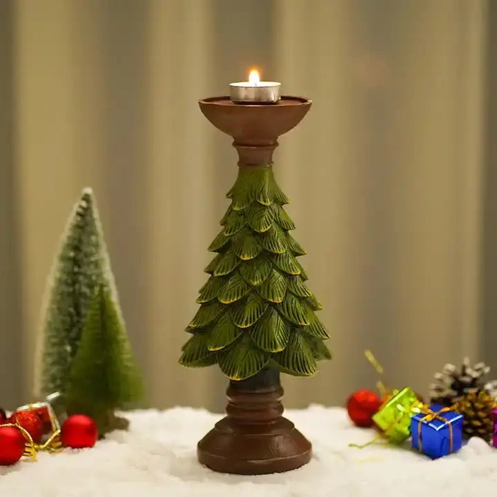 Christmas Tree Candle Holder - Rustic Resin Pillar Stand 12cm Festive Decoration - Occasions > Christmas > Christmas