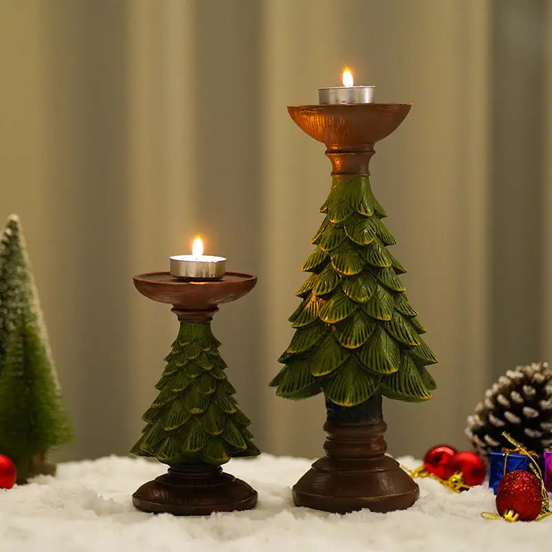 Christmas Tree Candle Holder - Rustic Resin Pillar Stand 12cm Festive Decoration - Occasions > Christmas > Christmas