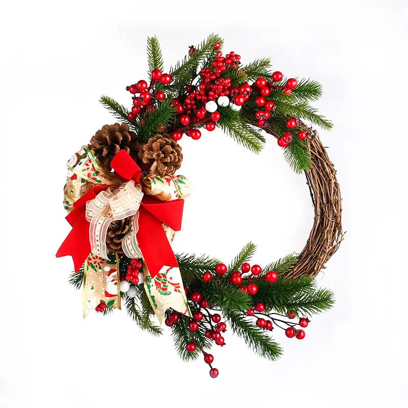Christmas Wreath with Pine Cones Red Berries and Festive Bow - 40cm Holiday Door Decor - Occasions > Christmas >
