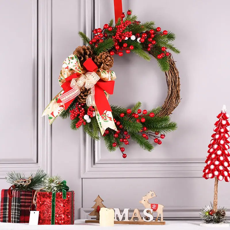 Christmas Wreath with Pine Cones Red Berries and Festive Bow - 40cm Holiday Door Decor - Occasions > Christmas >
