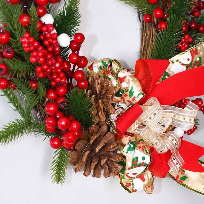 Christmas Wreath with Pine Cones Red Berries and Festive Bow - 40cm Holiday Door Decor - Occasions > Christmas >