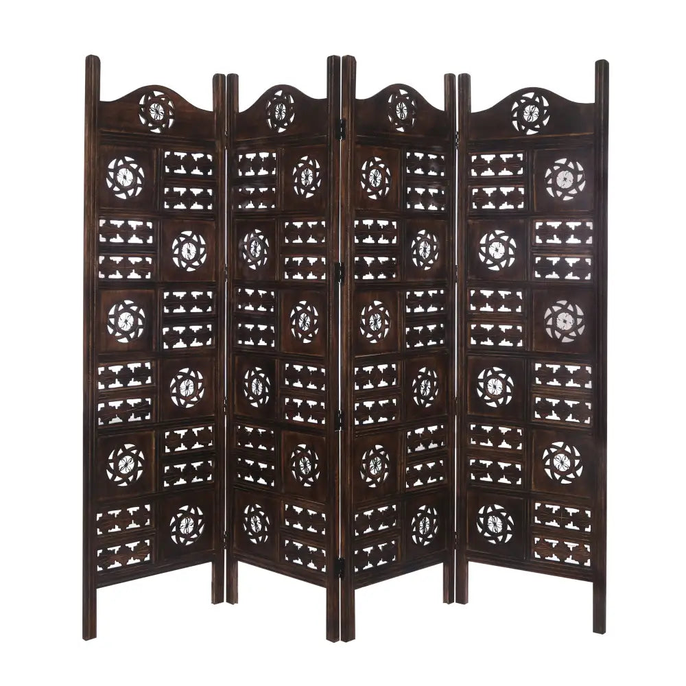 Circle Jali 4 Panel Room Divider Screen Privacy Shoji Timber Wood Stand - Burnt - Furniture > Bedroom > Room Dividers